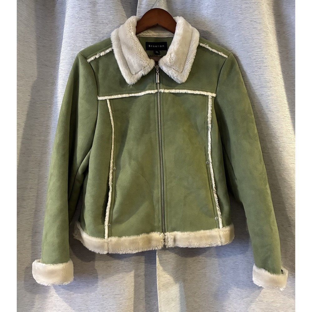 Vintage Braetan Coat‎ Womens M Green Penny Lane Faux Suede Fur Collar